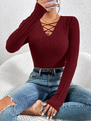 SHEIN Essnce Crisscross Front Ribbed Knit Tee