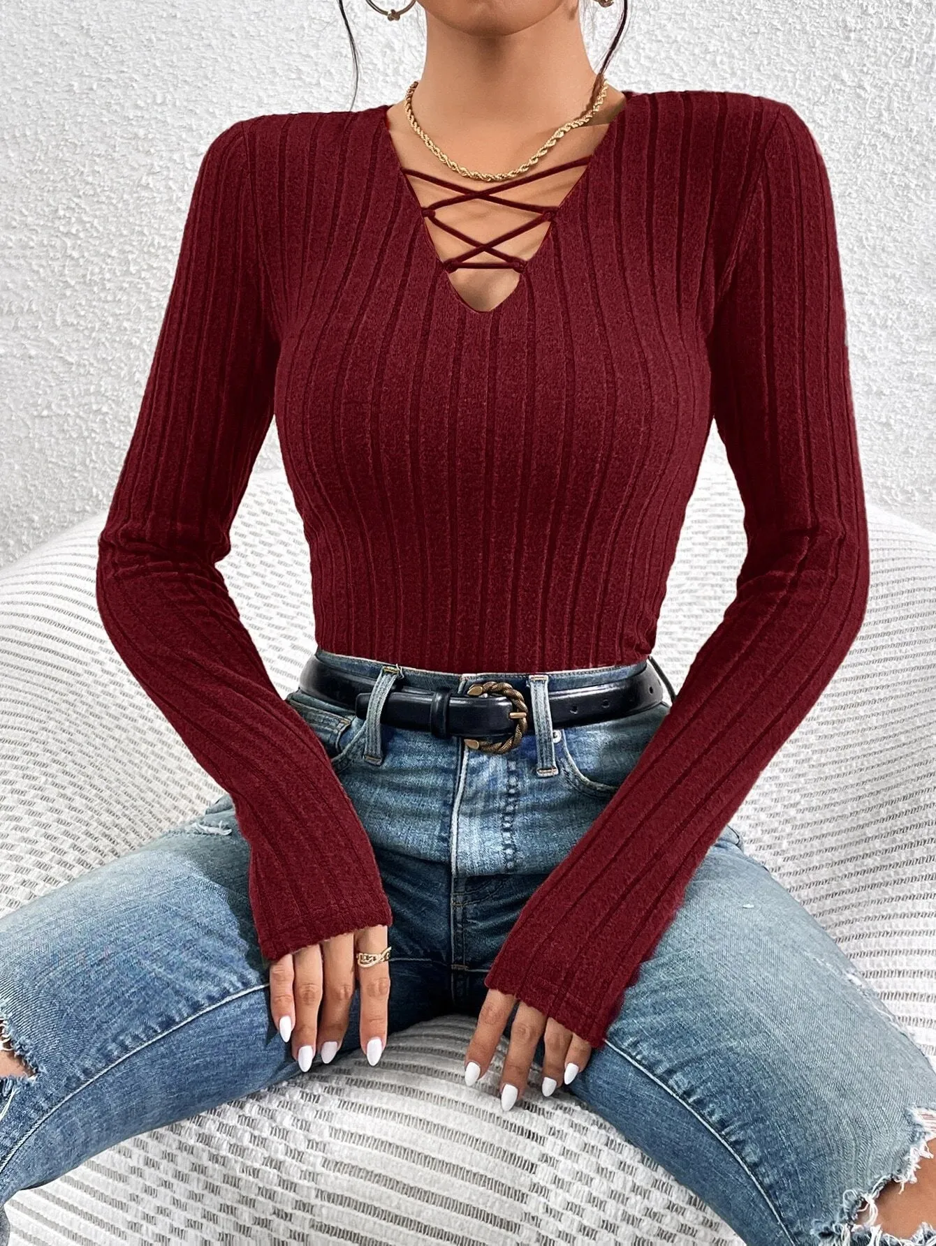 SHEIN Essnce Crisscross Front Ribbed Knit Tee