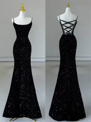 Simple Mermaid Sequin Black Long Prom Dress, Black Evening Dress      fg6648