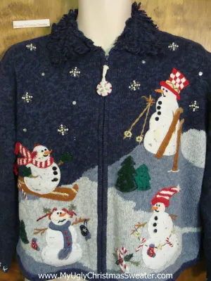 Skiing Snowmen Blue Cheap Ugly Christmas Sweater