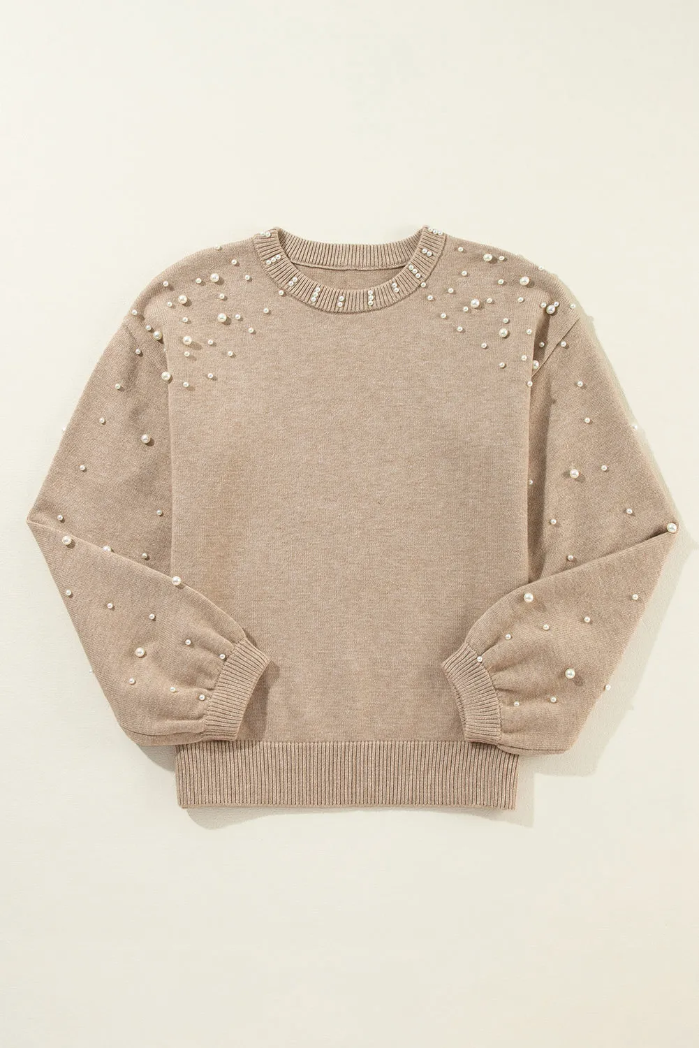 Smoke Gray Pearl Drop Shoulder Round Neck Sweater