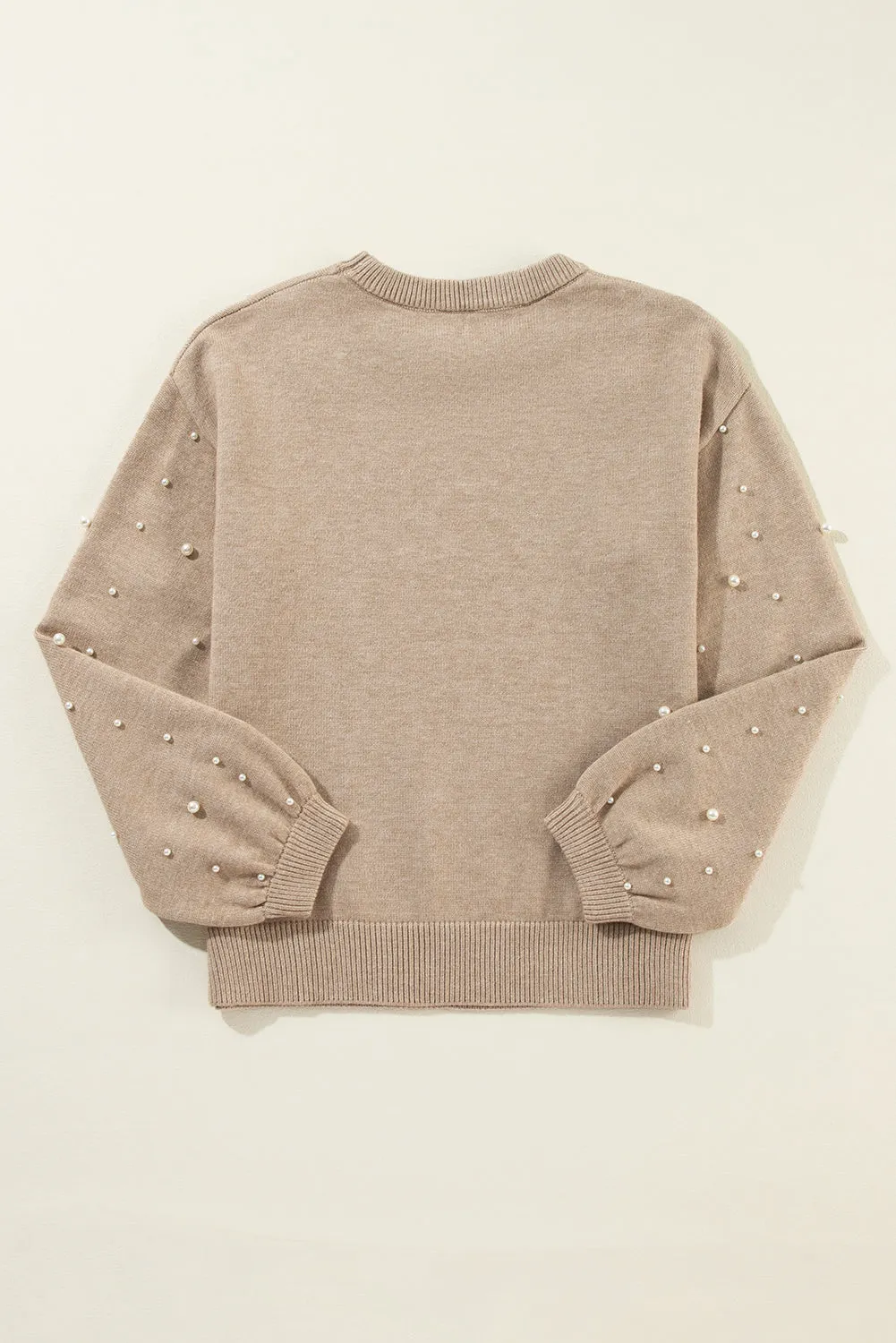 Smoke Gray Pearl Drop Shoulder Round Neck Sweater