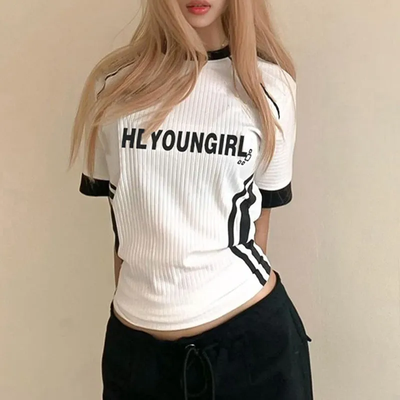 Street Mechanical Basic Letter Graphic Print Sunken Stripe T shirt Sexy Fashionable Contrast Color Striped Stitching Short Top