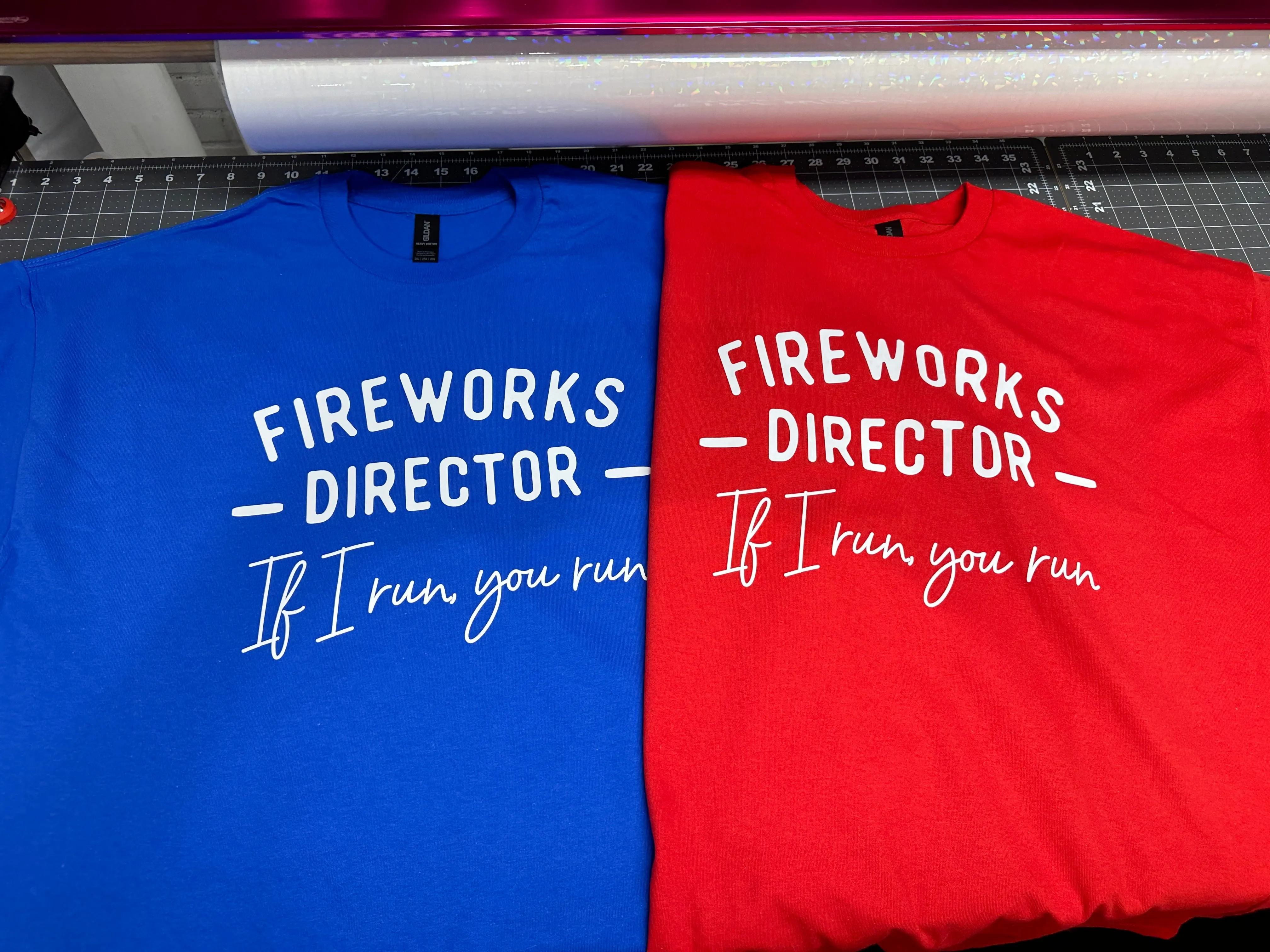 T Shirt Fireworks Director If I run, you run Red or Blue with white text