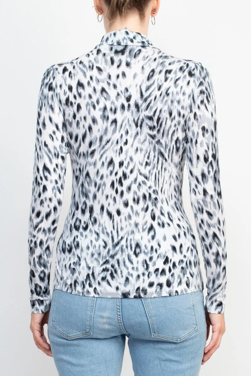 T Tahari High Neck Long Sleeve Animal Print Knit Top