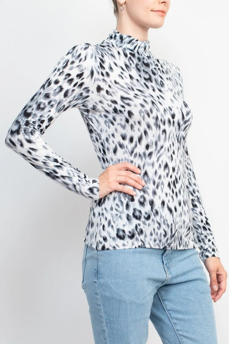 T Tahari High Neck Long Sleeve Animal Print Knit Top