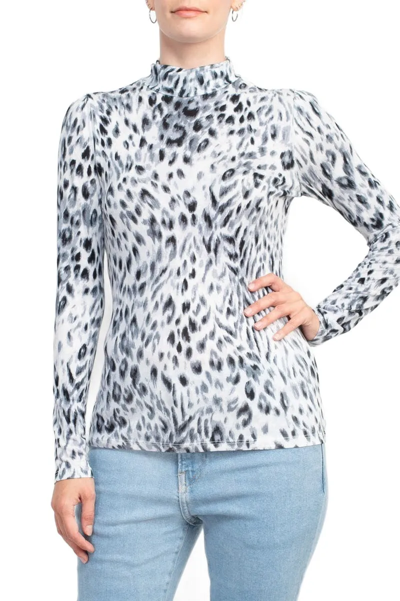 T Tahari High Neck Long Sleeve Animal Print Knit Top