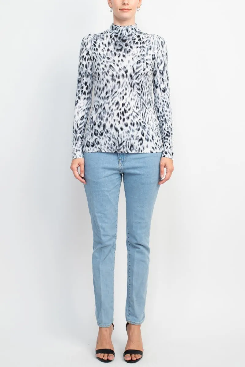 T Tahari High Neck Long Sleeve Animal Print Knit Top