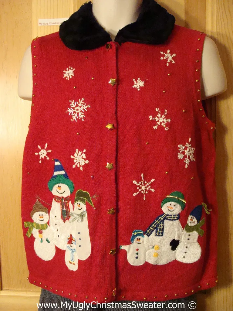 Tacky Christmas Sweater Party Ugly Sweater Vest with Snowman Family and Furry Collar  (f846)