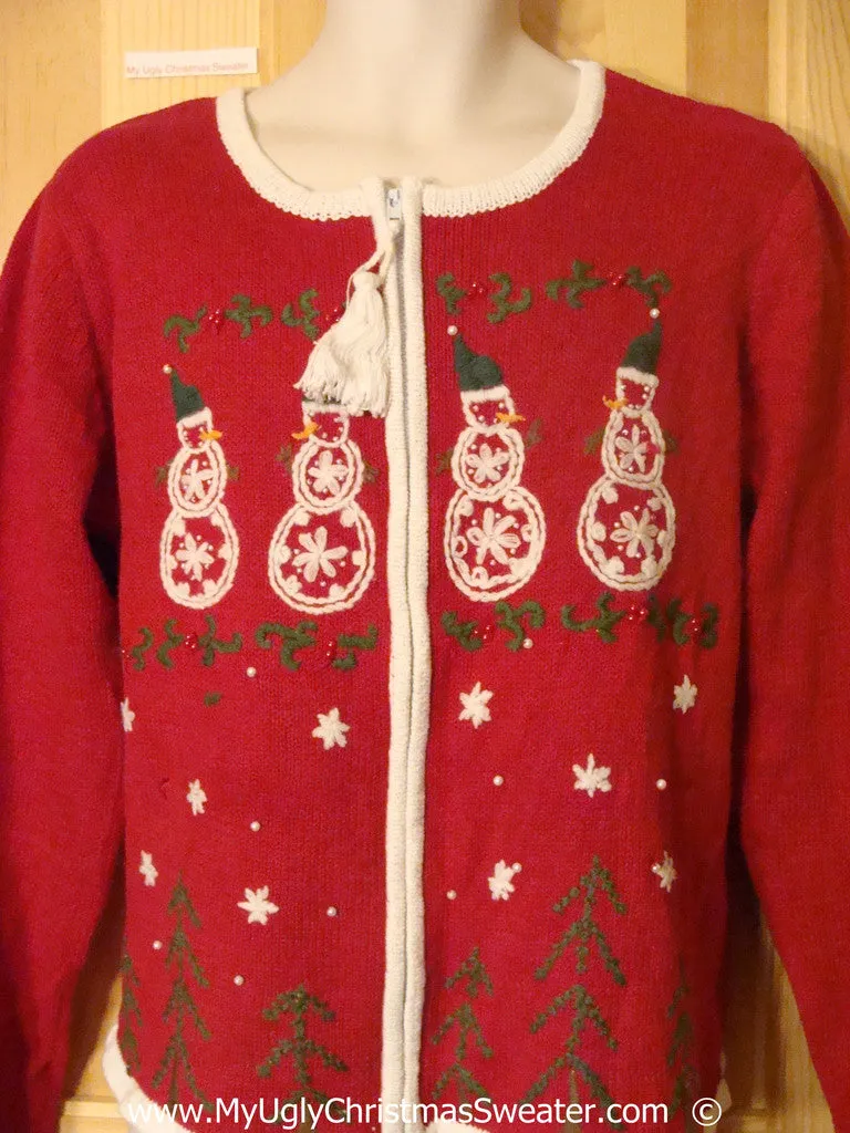 Tacky Red Christmas Sweater with Snowflakes and Snowmen (f1370)