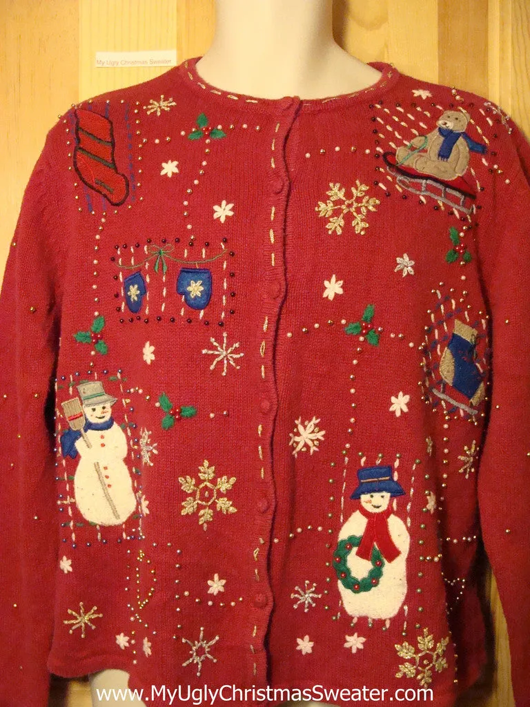 Tacky Red Ugly Christmas Sweater with Snowmen (f182)