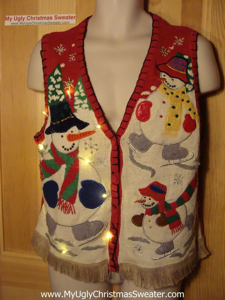 Tacky Ugly Christmas Sweater Vest with Skating Snowmen with Lights and Fringe (g32)