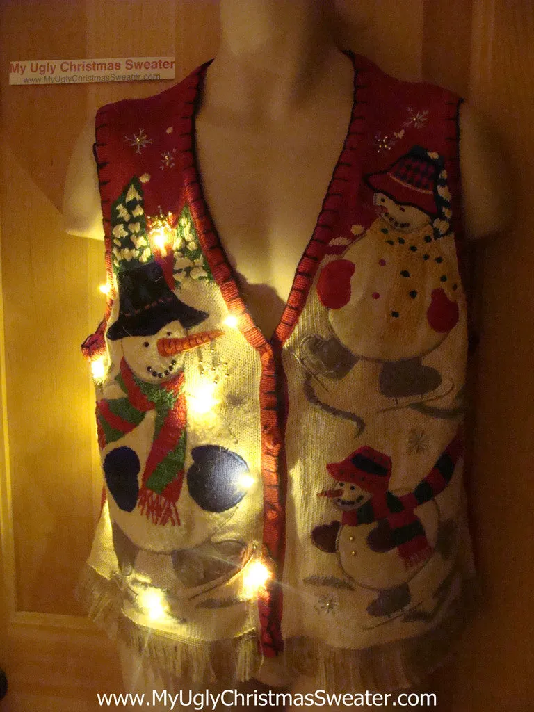 Tacky Ugly Christmas Sweater Vest with Skating Snowmen with Lights and Fringe (g32)