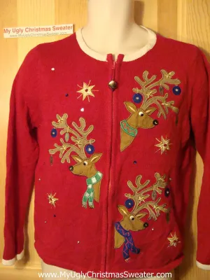 Tacky Ugly Christmas Sweater with Three Huge Peaking Reindeer with Sequins and a Real Jingle Bell (f44)