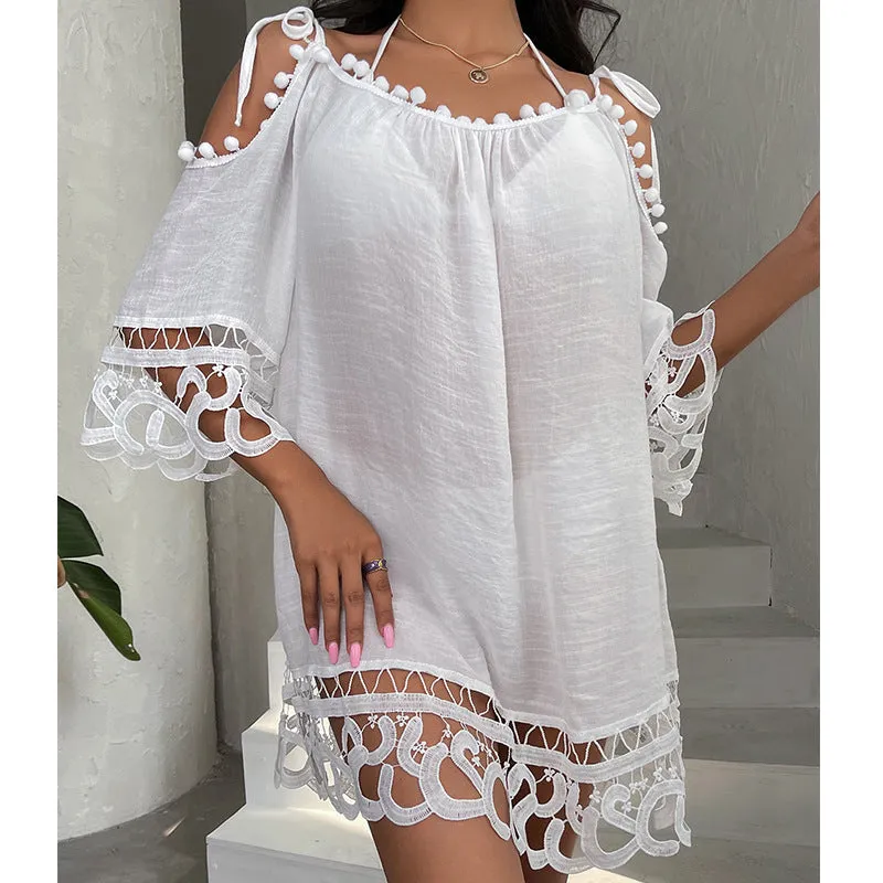 TastyHottie - Lace Adorned Cold Shoulder Beach Mini Sundress