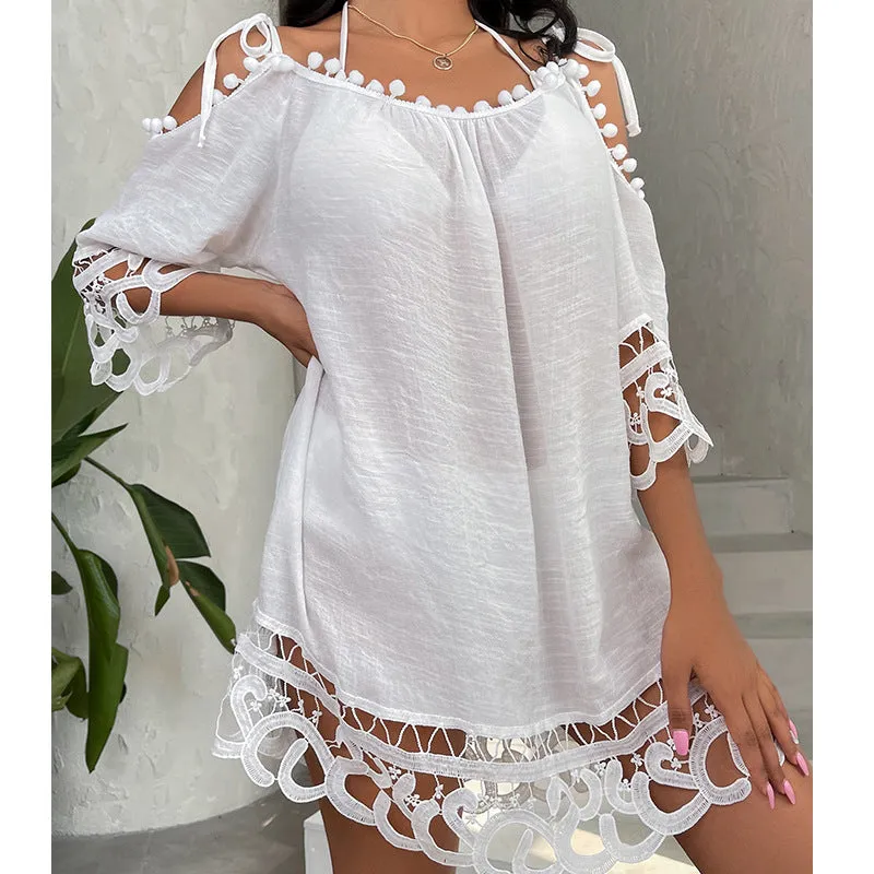 TastyHottie - Lace Adorned Cold Shoulder Beach Mini Sundress