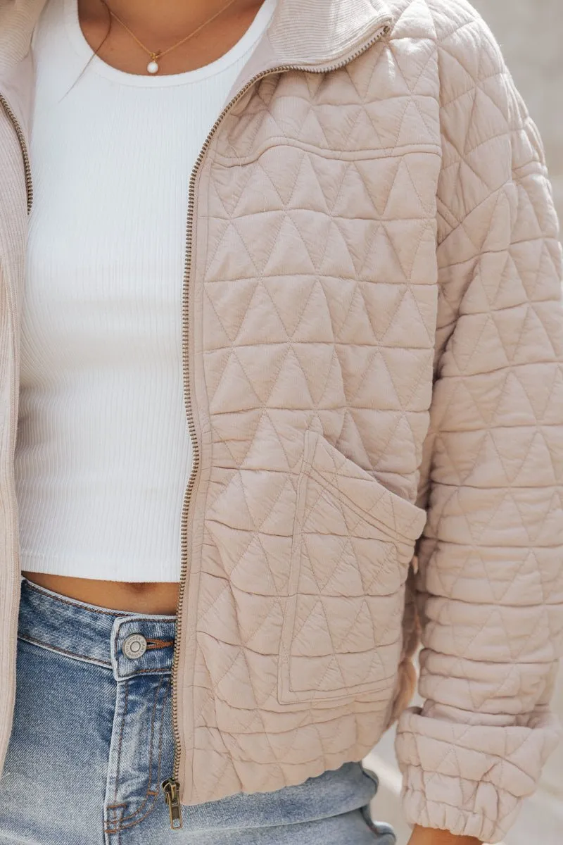 Taupe Quilted Bomber Jacket