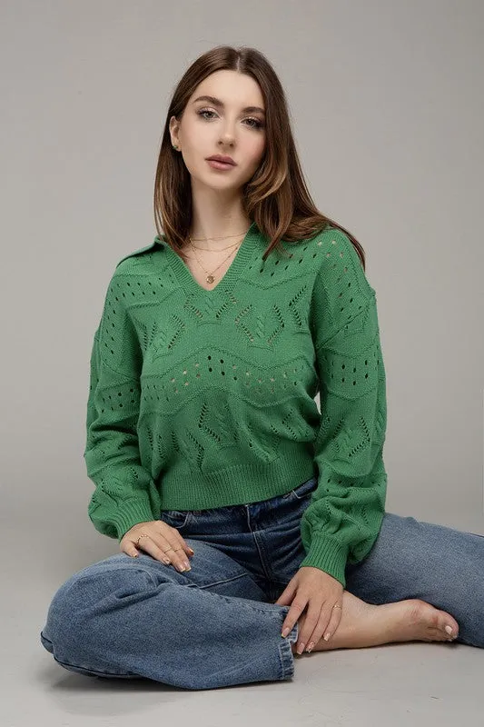 TEEK - Green Hole-Knit Collared Sweater