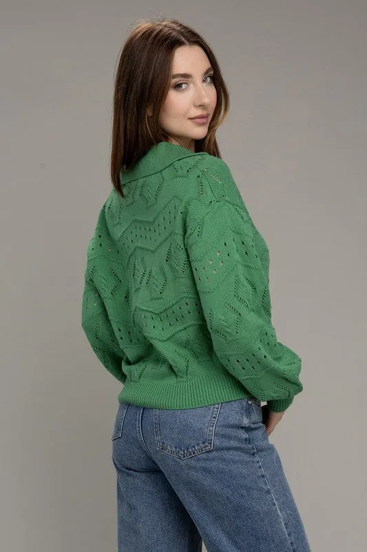 TEEK - Green Hole-Knit Collared Sweater