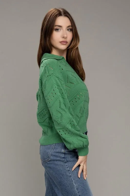 TEEK - Green Hole-Knit Collared Sweater