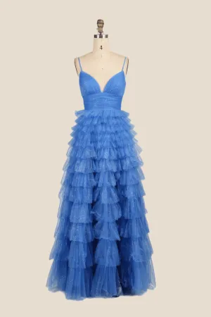 V-neck Blue Ruffles Tiered Long Dress with Slit