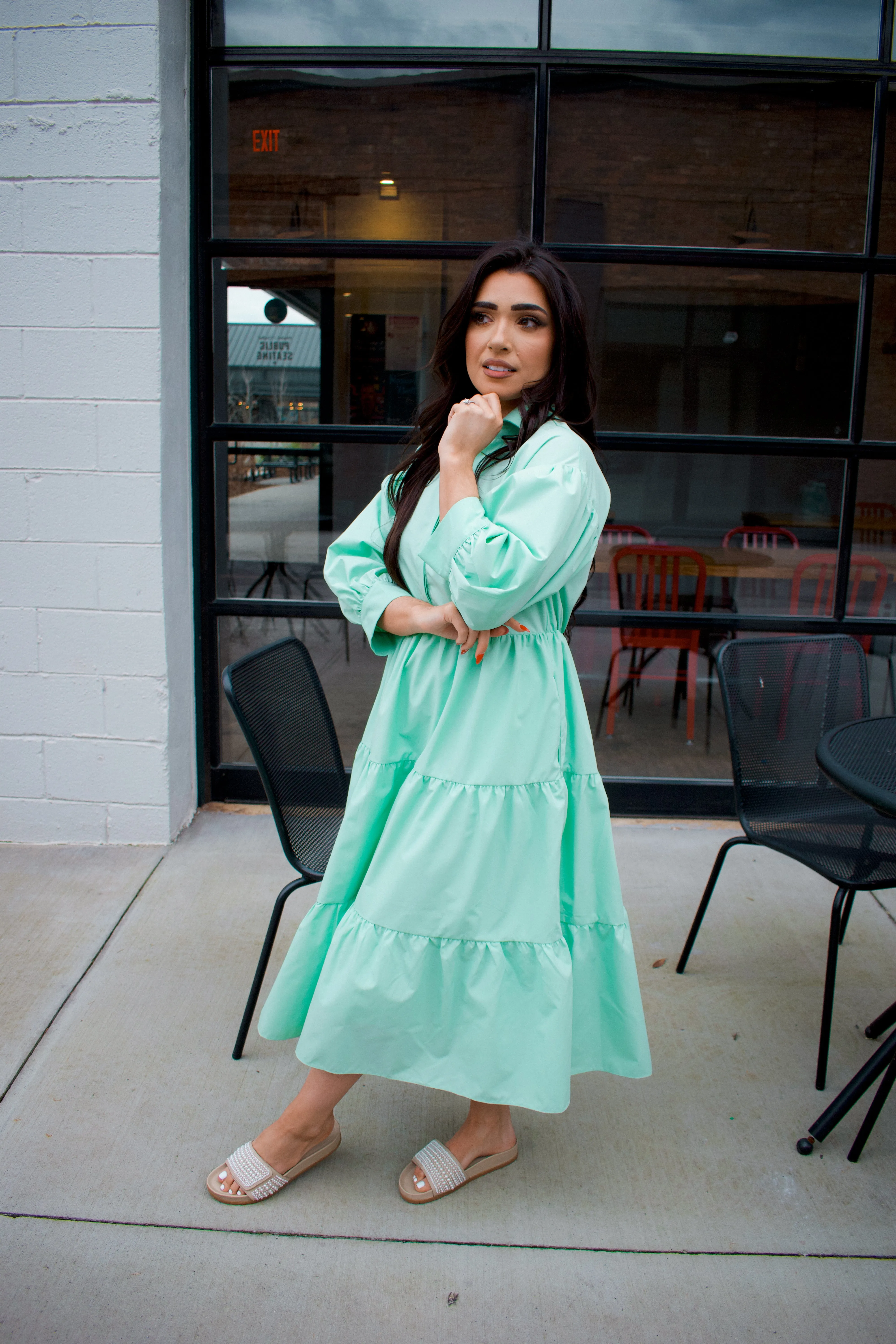 V-neck Puff Sleeve Midi Dress