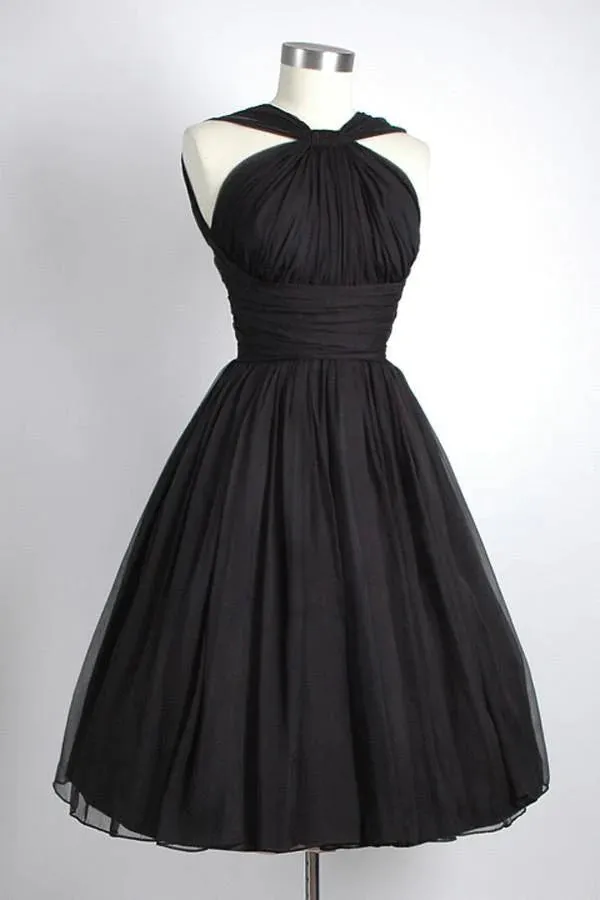 Vintage Knee-Length Sleeveless Open Back Black Homecoming Dress Ruched    fg3485