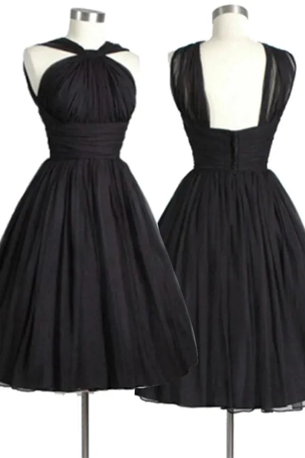 Vintage Knee-Length Sleeveless Open Back Black Homecoming Dress Ruched    fg3485