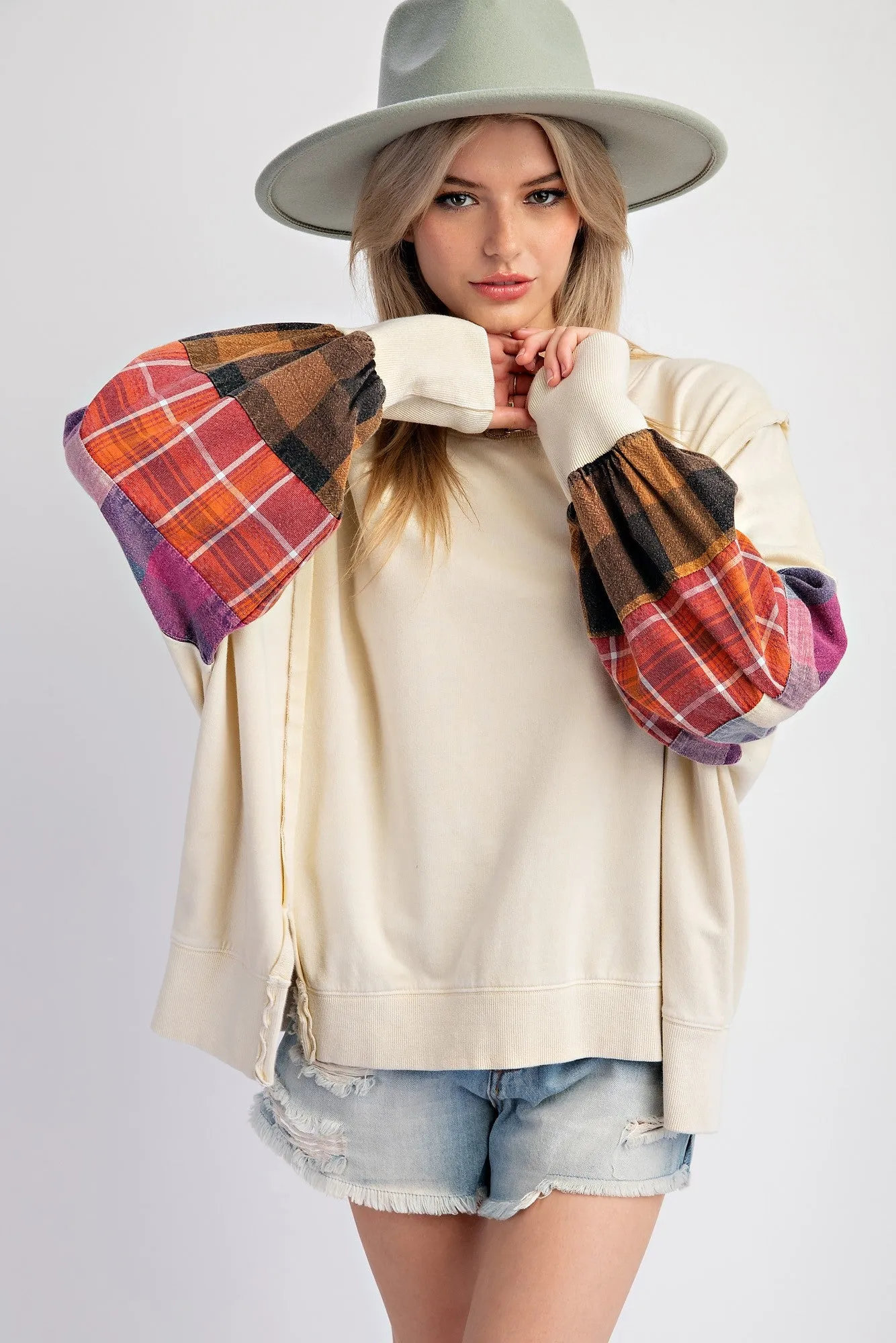 WASHED PLAID MIX TERRY KNIT PULLOVER