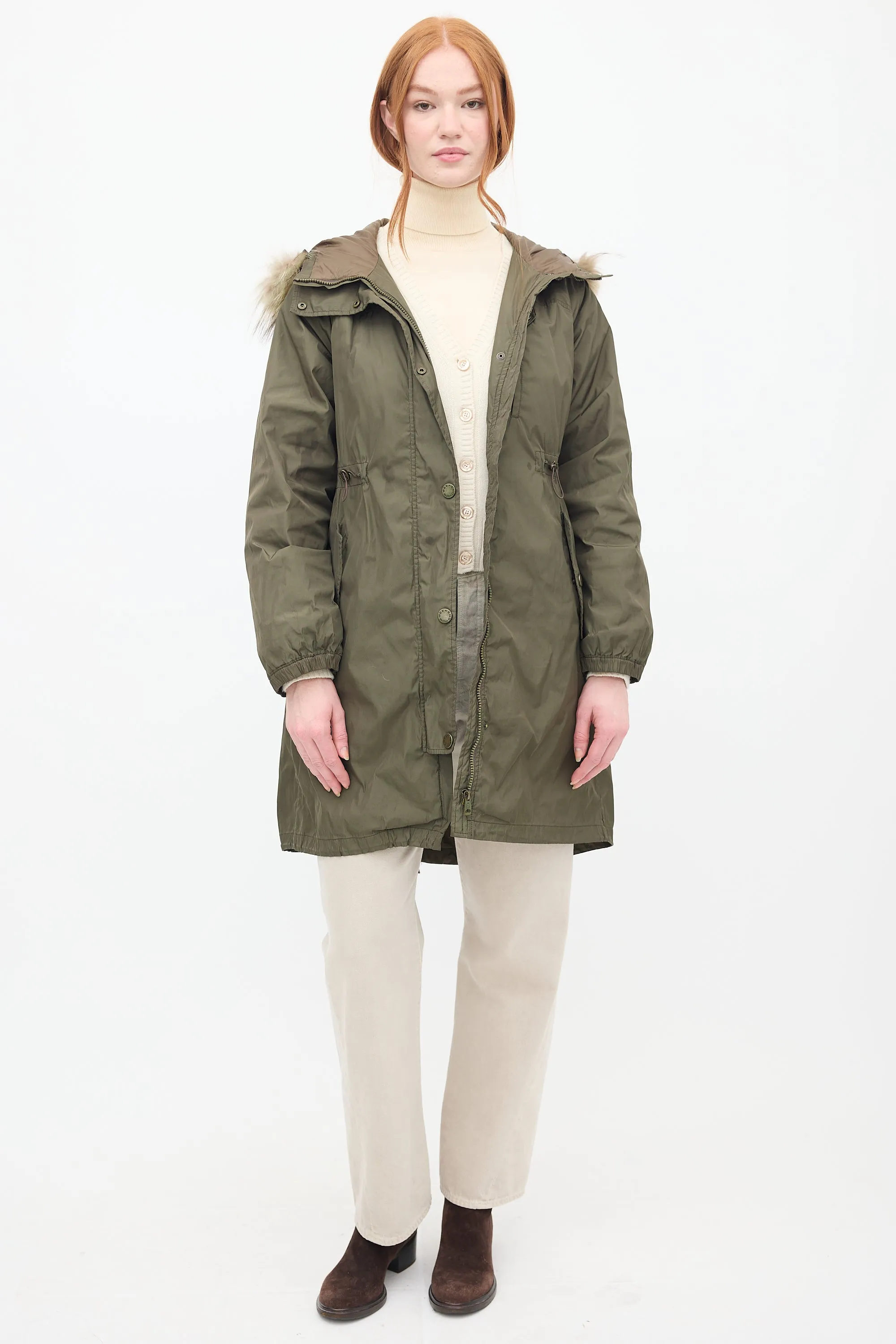 Weekend Green Fur Trim Padded Anorak Coat