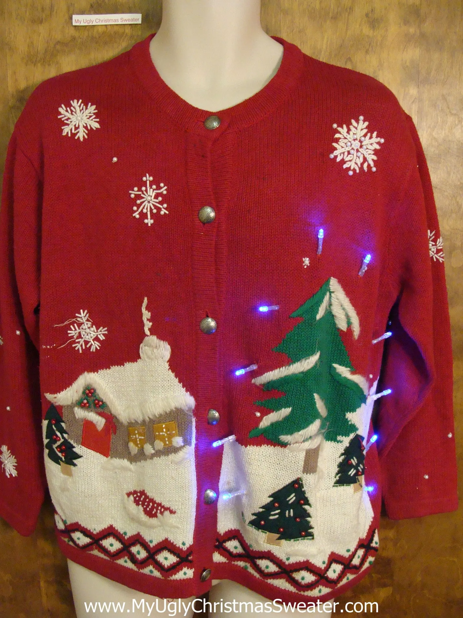 Winter Cozy House Scene Light Up Ugly Xmas Sweater