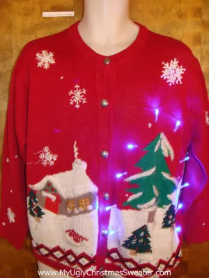 Winter Cozy House Scene Light Up Ugly Xmas Sweater