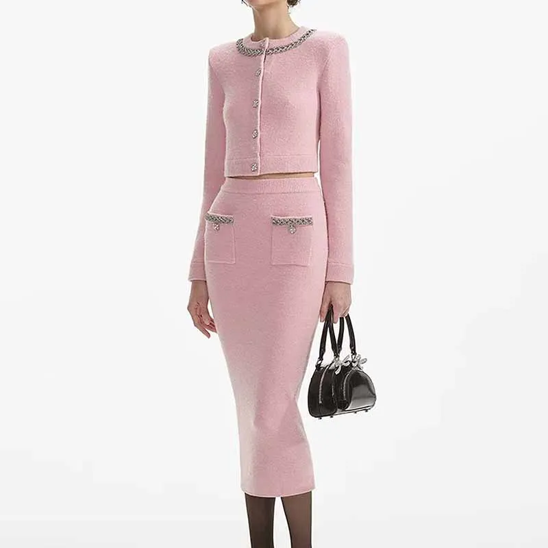 Women Knitted Midi Skirt Suit Two Pieces Set