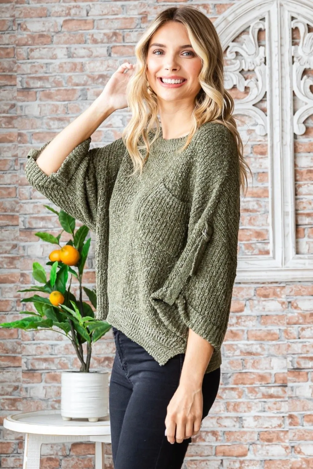 Women's Cozy Round Neck Roll-Up Sweater