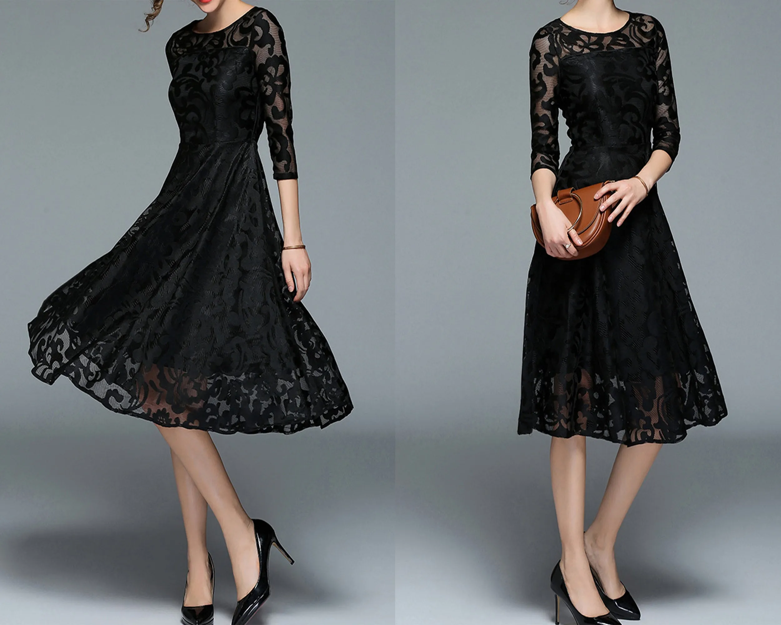 Women's crew neck dress, Lace dress, 3/4 sleeve dress, midi dress, party dress, evening dress, black dress(Q2098)