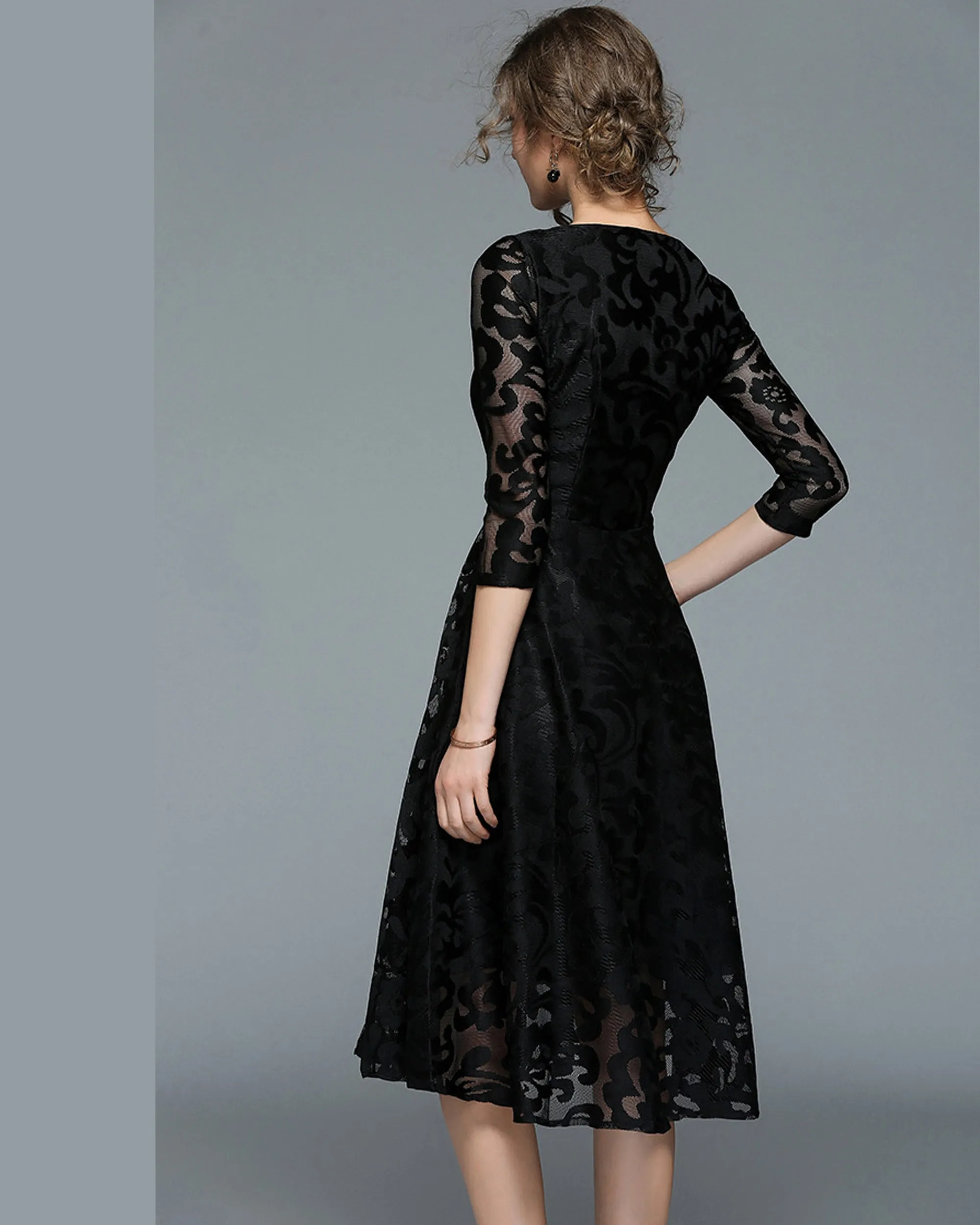 Women's crew neck dress, Lace dress, 3/4 sleeve dress, midi dress, party dress, evening dress, black dress(Q2098)