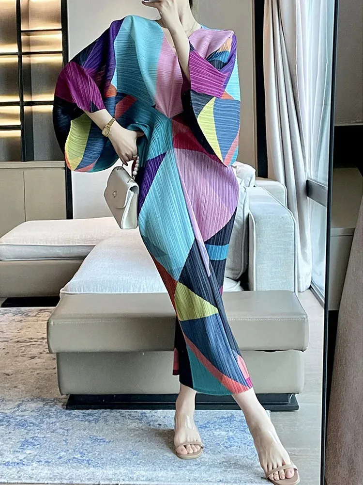 Women's Elegant Batwing Sleeve Pleated Midi Dress