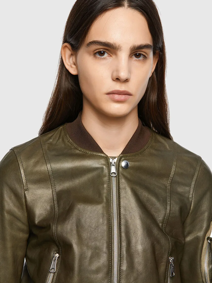 Women’s Green Leather Bomber Jacket With Arm Pocket