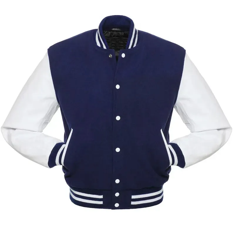 Womens Navy Blue Vintage Varsity Jacket Leather Sleeves