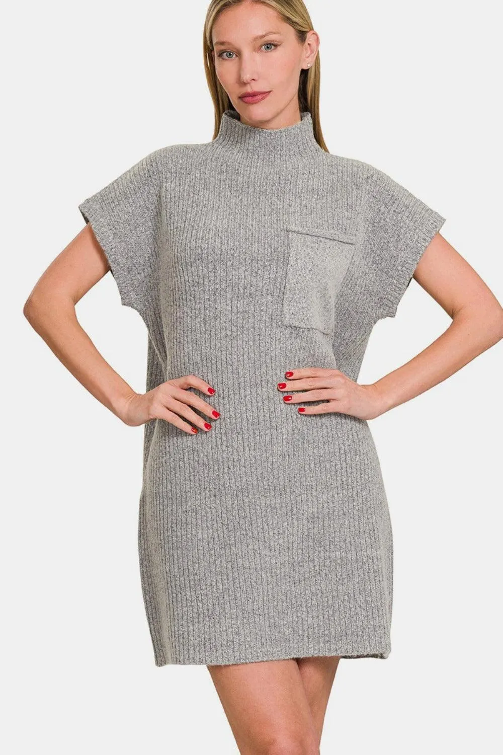 Zenana Sweater Mini Dress Short Sleeve Patch Pocket